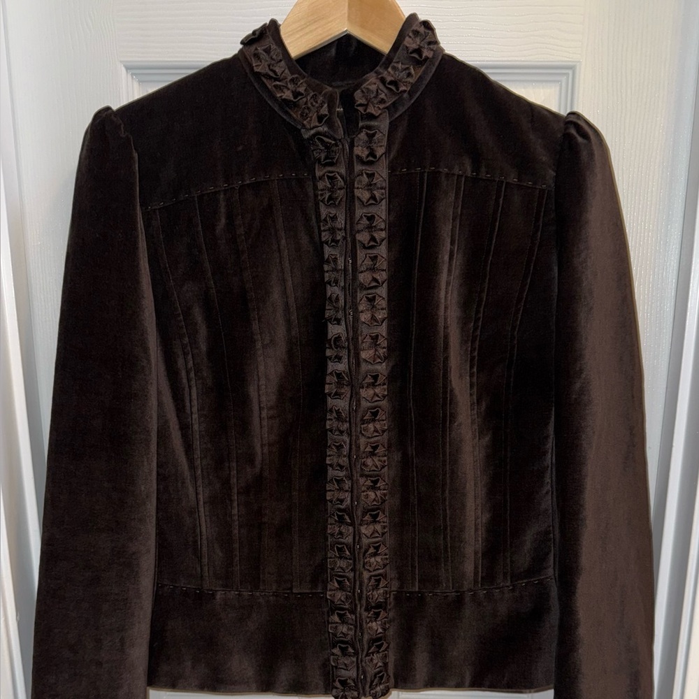 Elle Tahari Luxe Velour Jacket Womens M Brown Ruffle Trim Elegant Chic Feminine